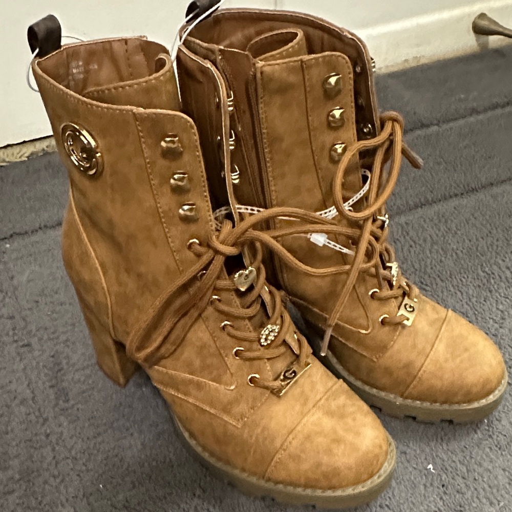 Brown Lace-Up Ankle Boots With Gold Accents